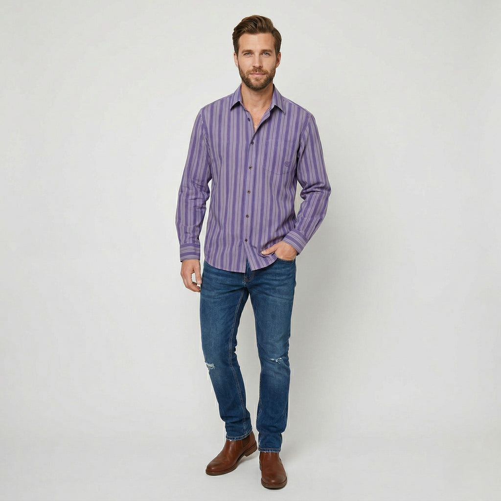 Timberland Men M Casual Shirt Purple Striped Cotton Long Sleeve Classic Top