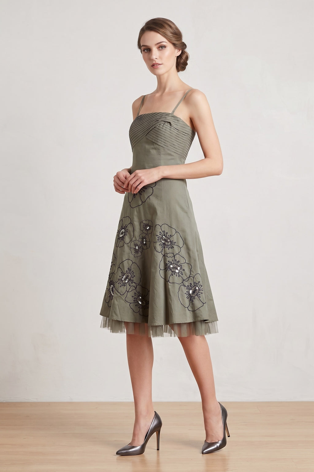 New Teatros Women 10 36 S Dress Green Cotton Sequins Flowers Cocktail