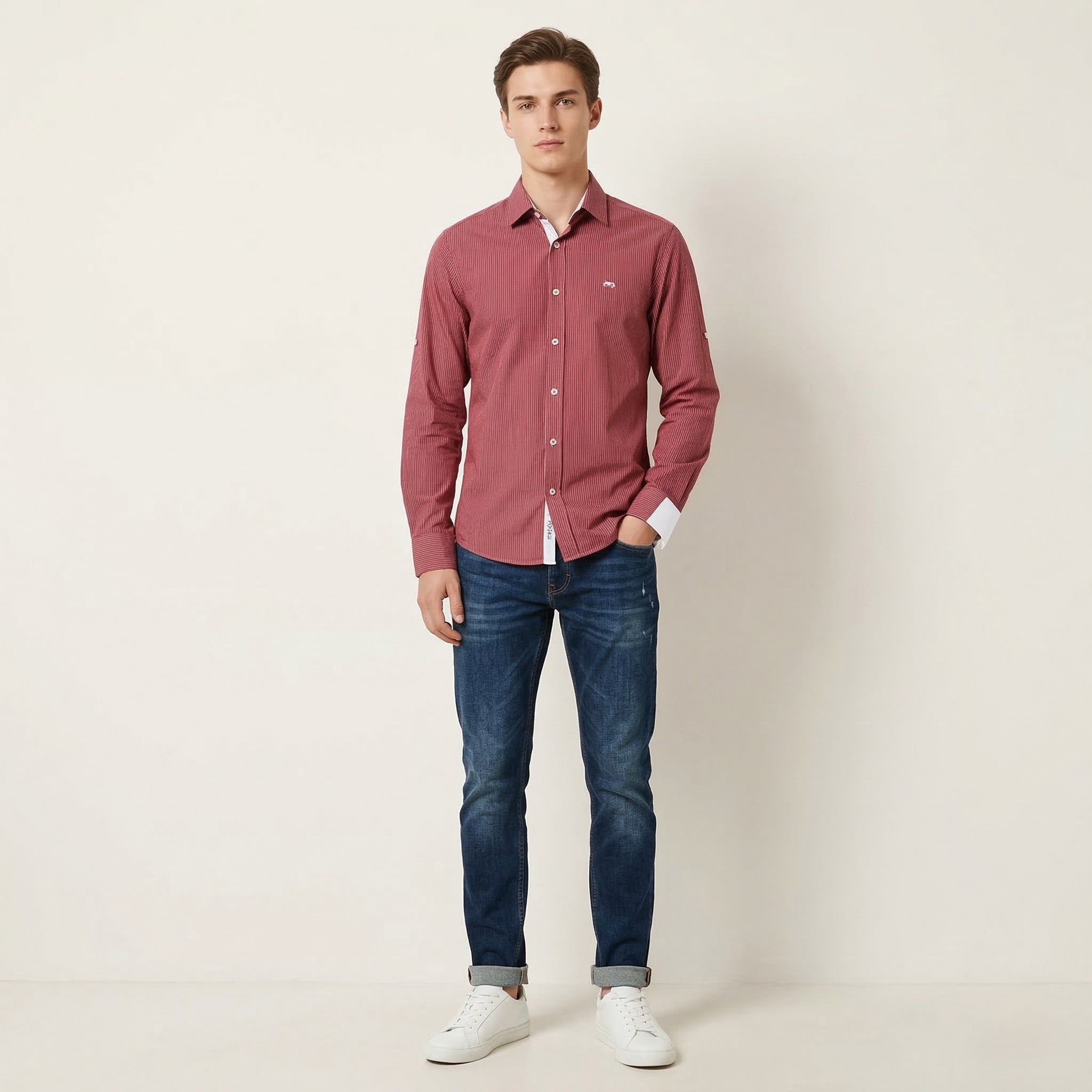 Moods Of Norway Men S Casual Shirt Maroon Cotton Striped Long Sleeve Vintage Top