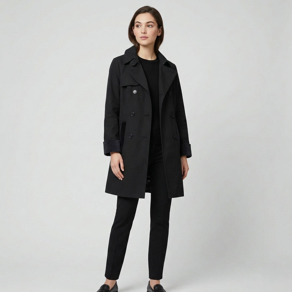 enno-Sport Women 38 M Coat Padded Black Double Breasted Trench Vintage Collar Pockets Jacket Top