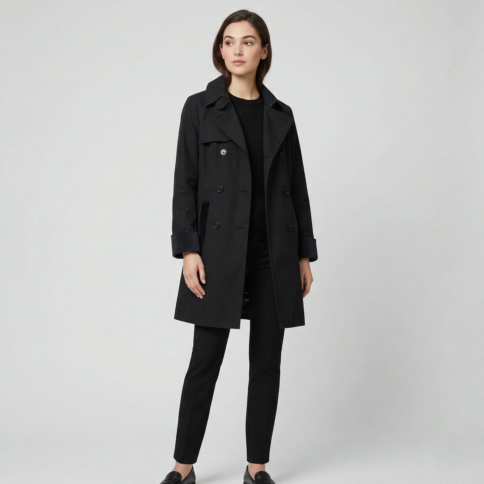 enno-Sport Women 38 M Coat Padded Black Double Breasted Trench Vintage Collar Pockets Jacket Top