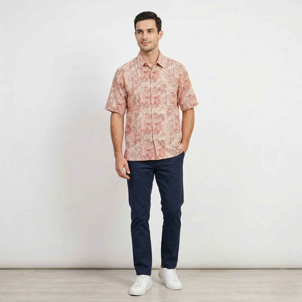 Timberland Men L Casual Shirt Orange Printed Cotton Outdoor Short Sleeve Top
