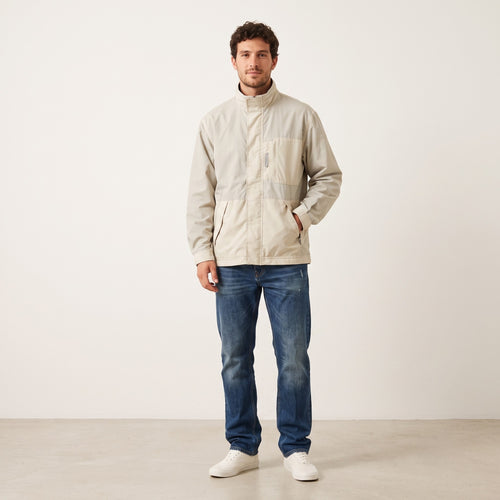 Champion Men L Jacket Beige Full Zipper  Nylon Vintage Pockets Outwear  Top