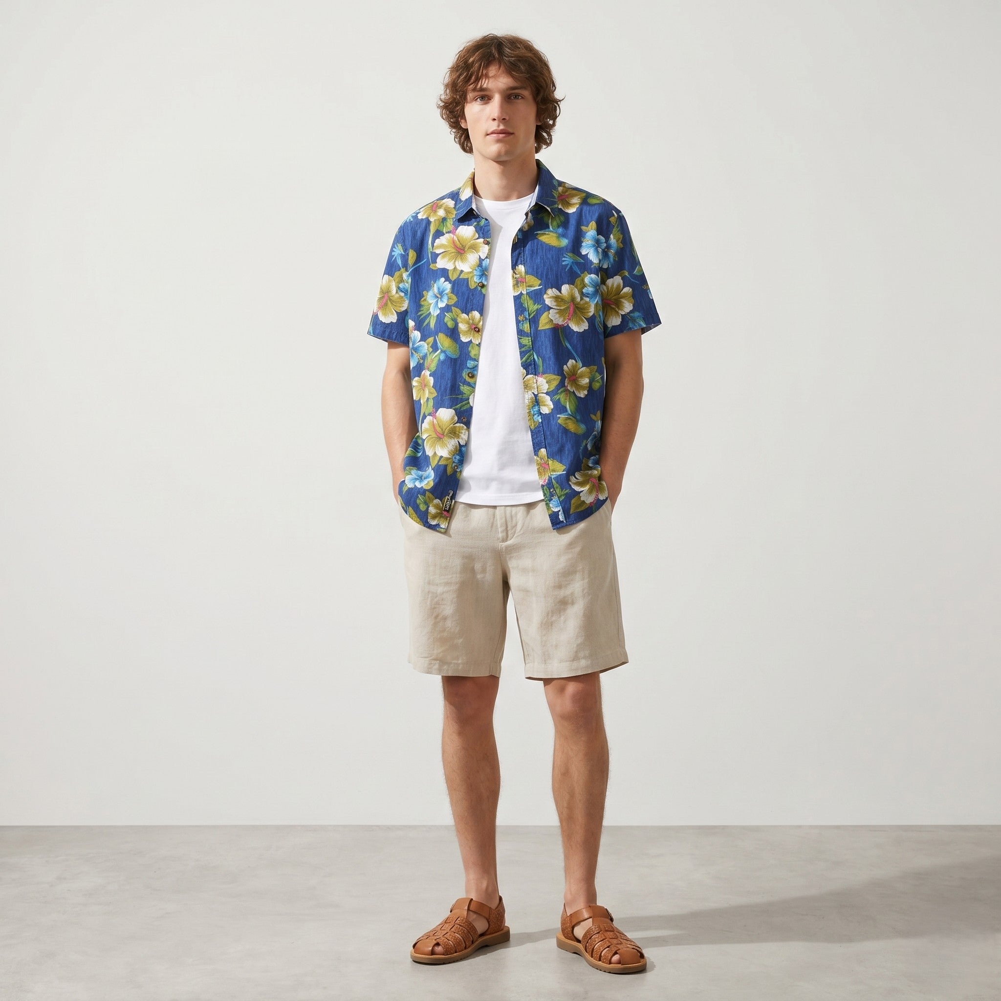 Alcott & Co Men XXL Casual Shirt Blue Linen Cotton Aloha Hawaii Floral Short Sleeve Top