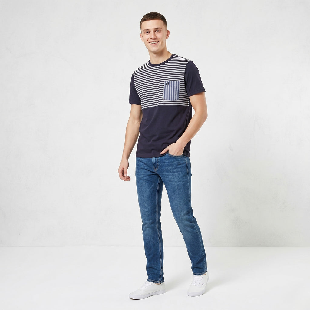 Fred Perry Men M (S) Shirt Navy Cotton Striped Pocket Classic Crew Neck Marine Top