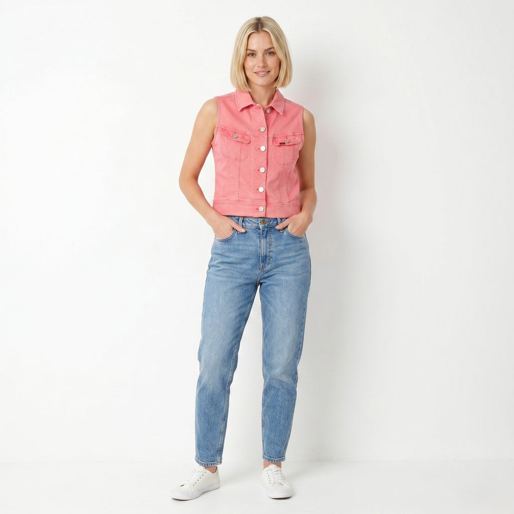 Lee Women M Denim Vest Pink Cotton Stretch Buttoned Sleeveless Rider Top