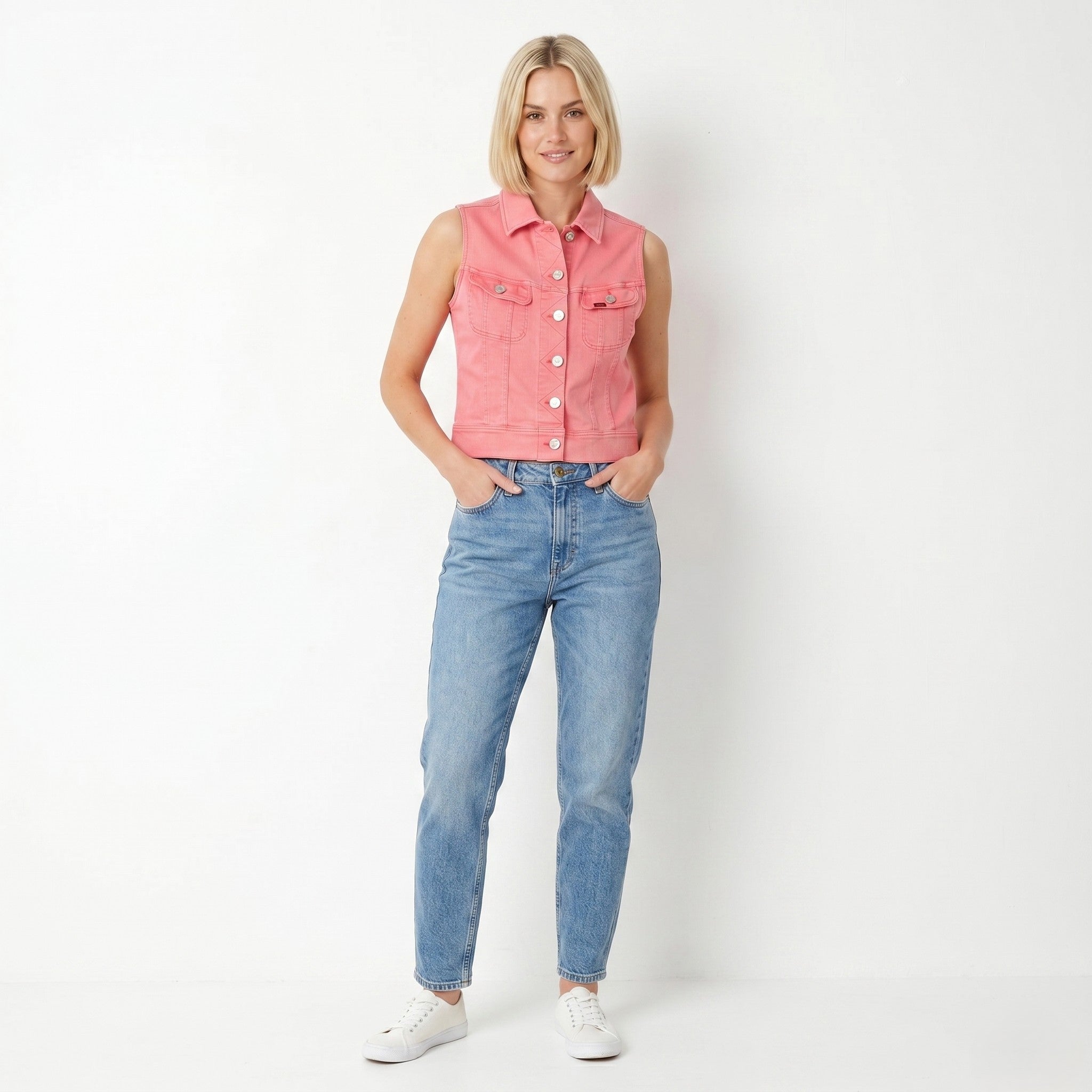 Lee Women M Denim Vest Pink Cotton Stretch Buttoned Sleeveless Rider Top