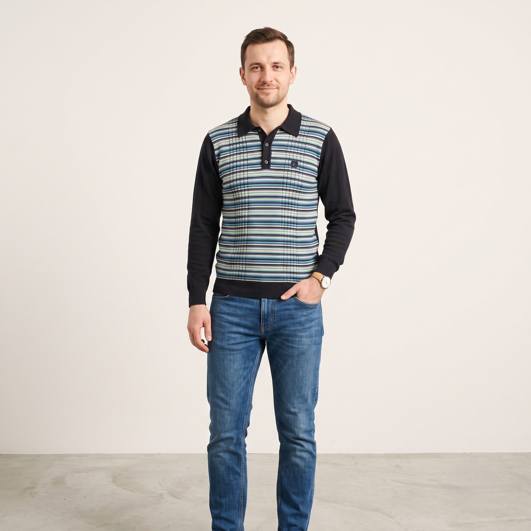 Gabicci Men L (M) Jumper Navy Striped Cotton Blend Collar Stretch Sweater