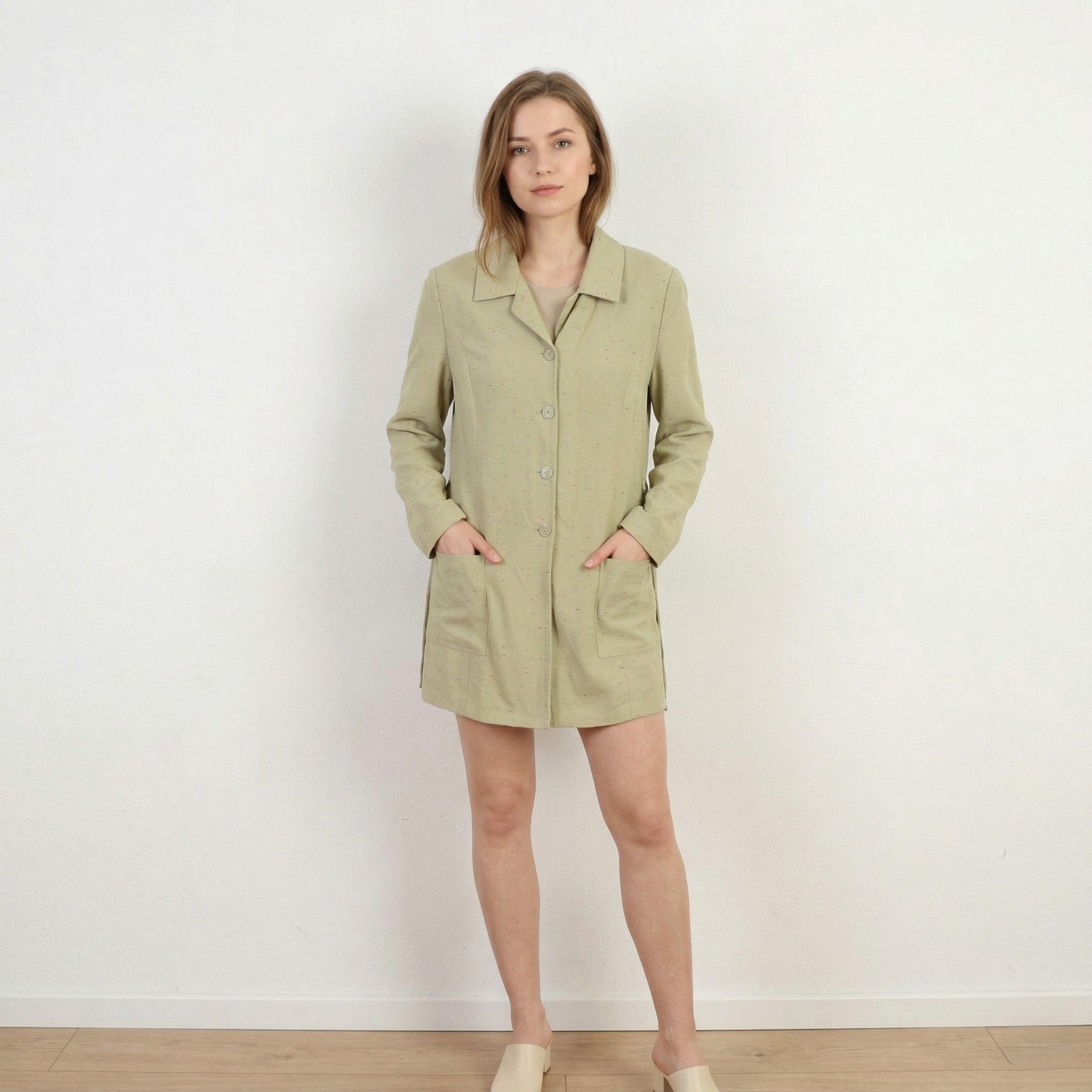 Fekbir Women 38 M Blazer Green Nylon Shoulder Pads Belted Light Long Jacket