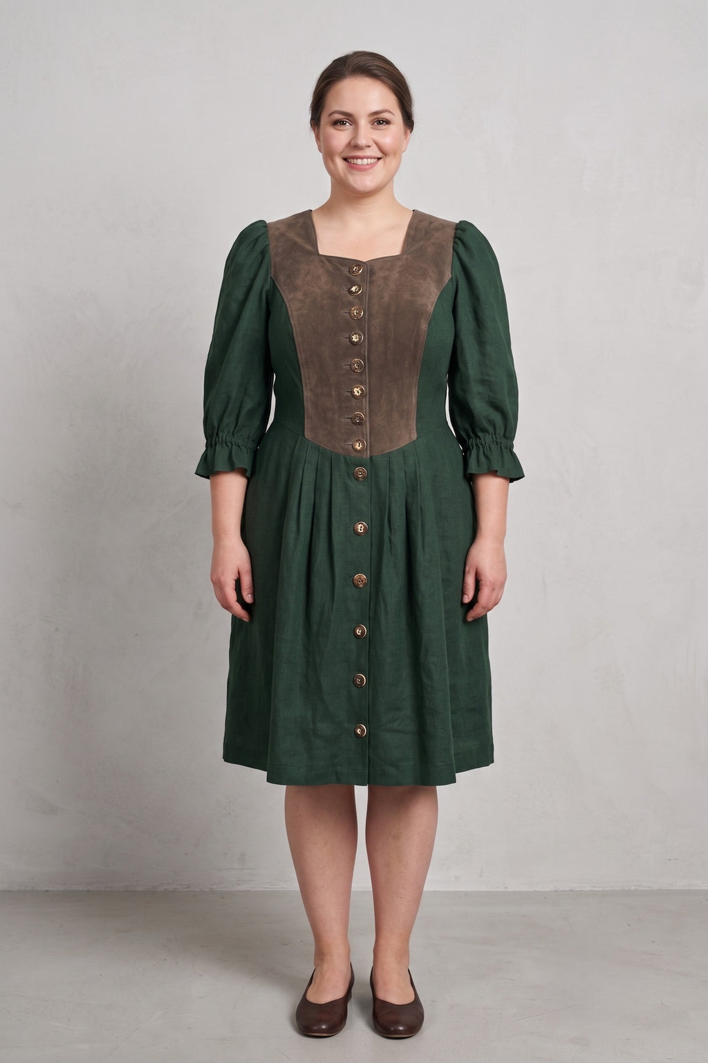 Alphoen Trachtenmode Women 48 XL Dress Green Linen Vintage Puffy Sleeve Tyrol Trachten