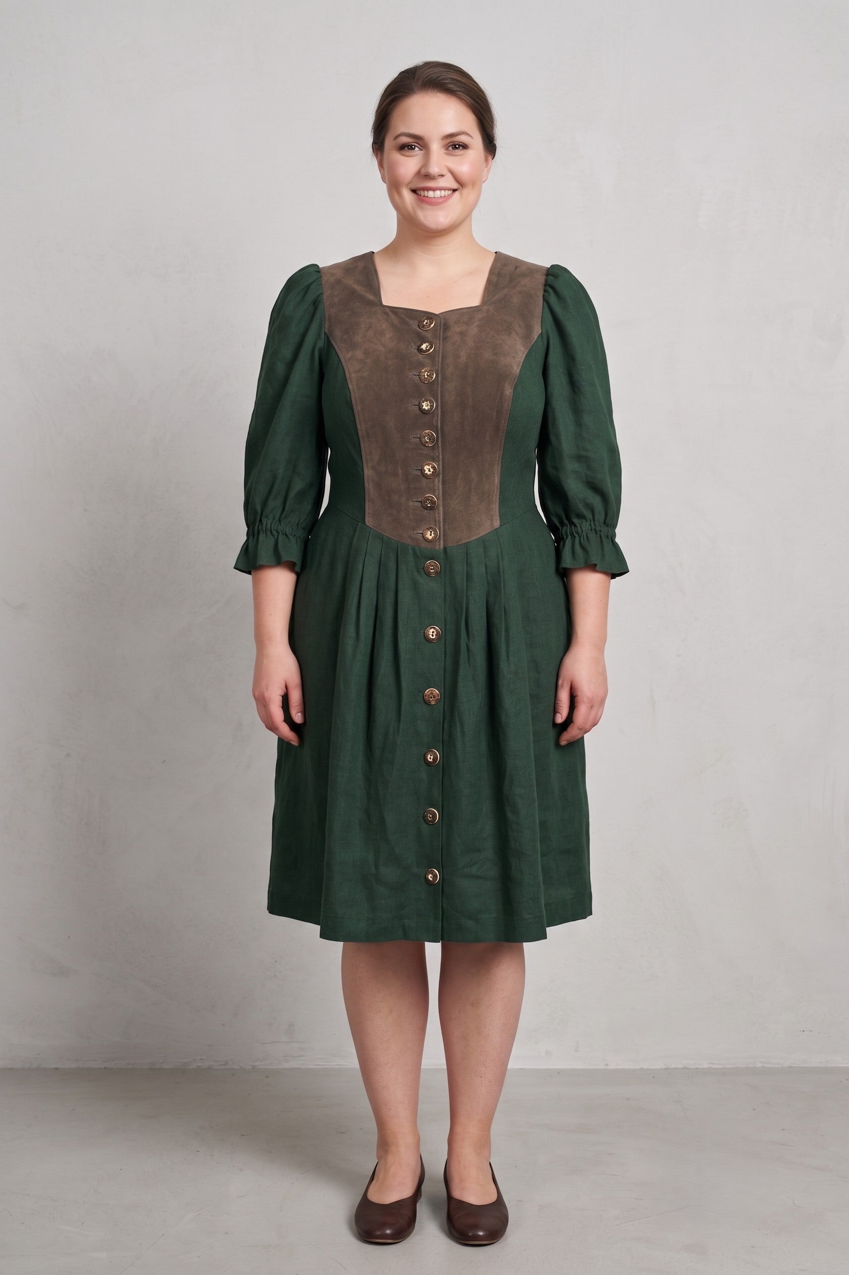 Alphoen Trachtenmode Women 48 XL Dress Green Linen Vintage Puffy Sleeve Tyrol Trachten