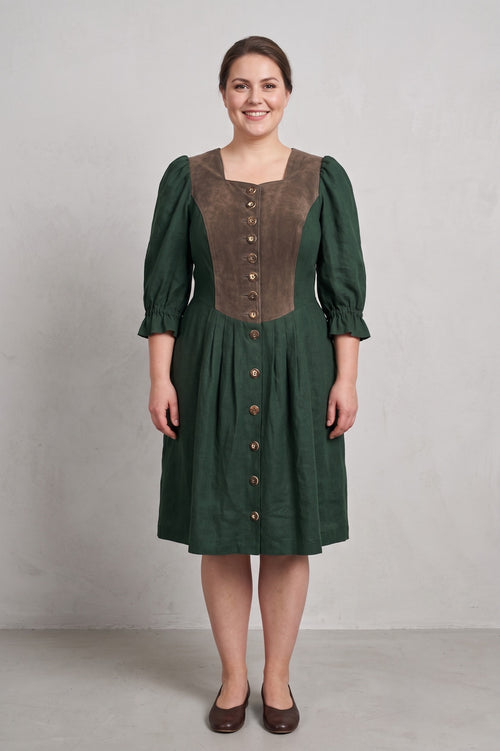 Alphoen Trachtenmode Women 48 XL Dress Green Linen Vintage Puffy Sleeve Tyrol Trachten