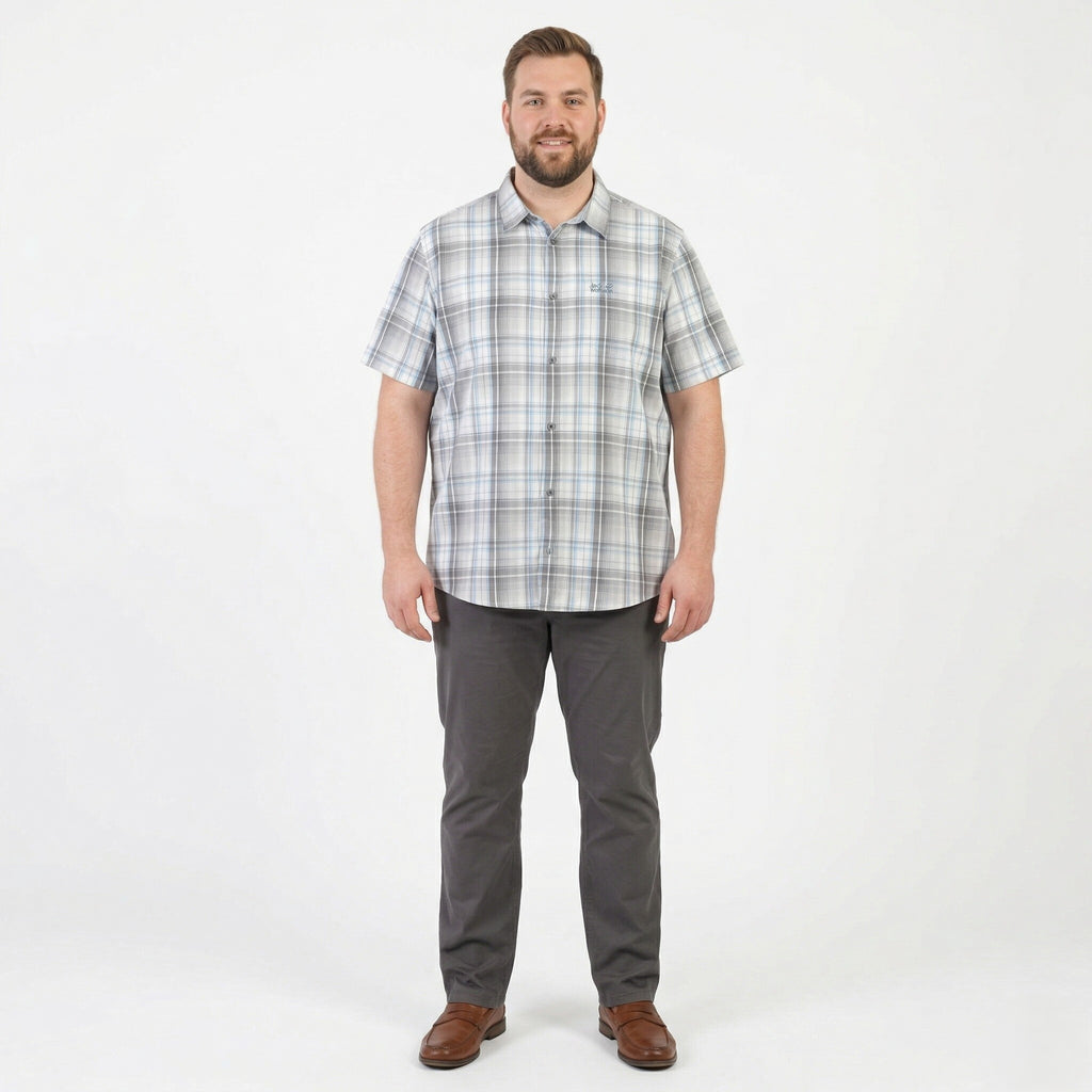 Jack Wolfskin Men 3XL Casual Shirt Gray Cotton Check Outdoor Short Sleeve Top