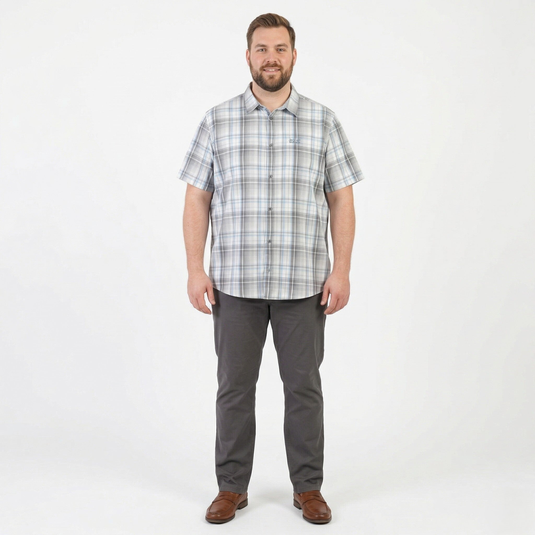 Jack Wolfskin Men 3XL Casual Shirt Gray Cotton Check Outdoor Short Sleeve Top