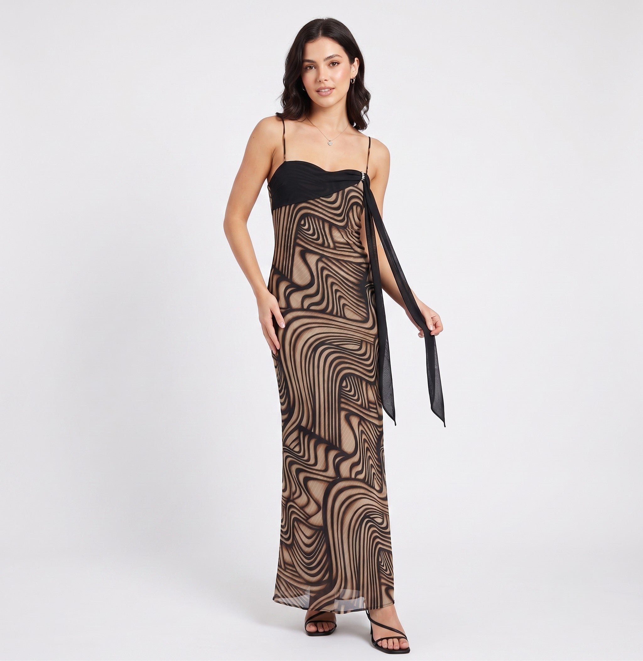 Creatif Paris Women 42 S Dress Brown Maxi Spaghetti Straps Gold Thread Elegant