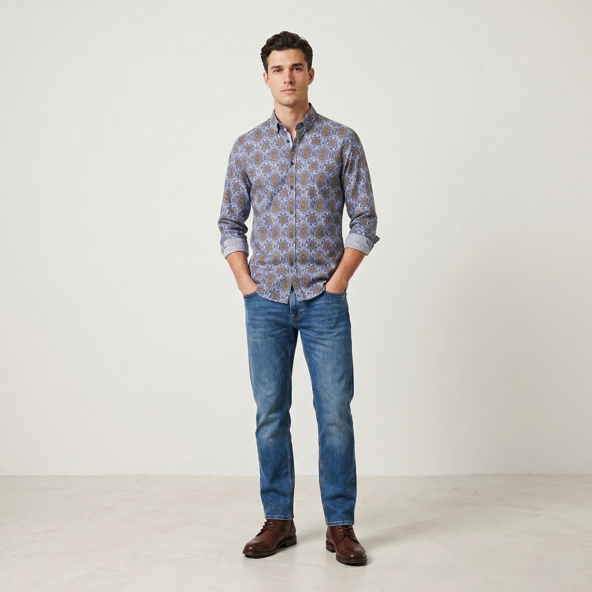 Stenstroms Men 16.5 42 M Casual Shirt Blue Cotton Slimline Printed Long Sleeve Top