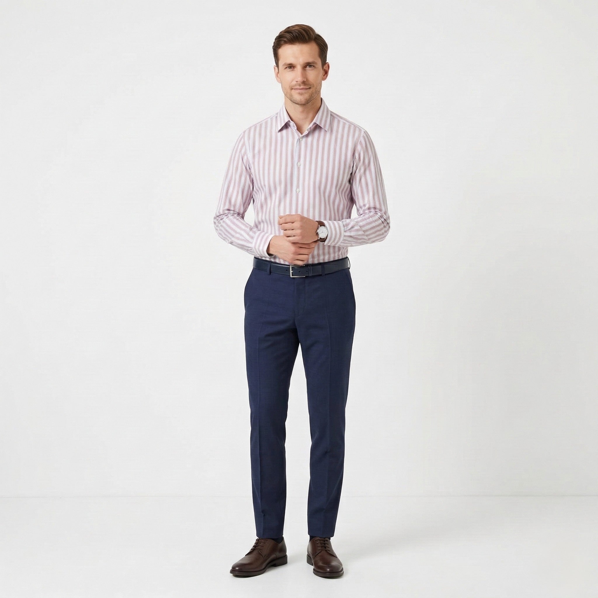 Hugo Boss Men 41 16 L Casual Shirt Blue Pink Striped Cotton Long Sleeve Top