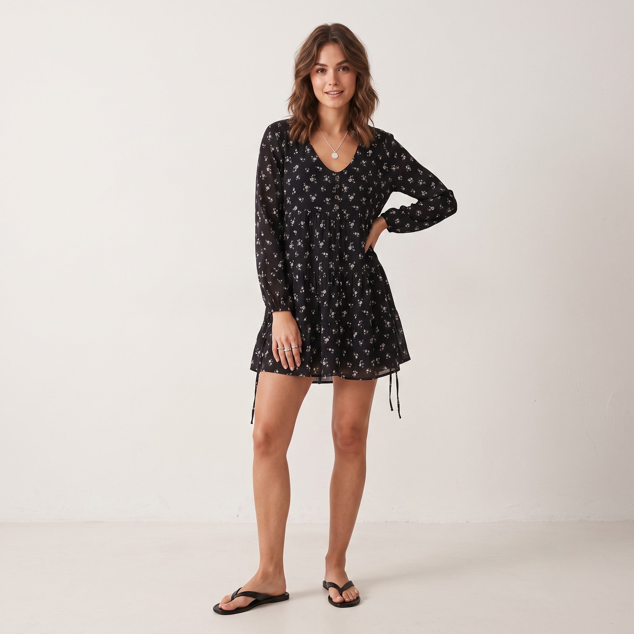 Hollister Women S Mini Dress Black Viscose Floral Short Summer Long Sleeve