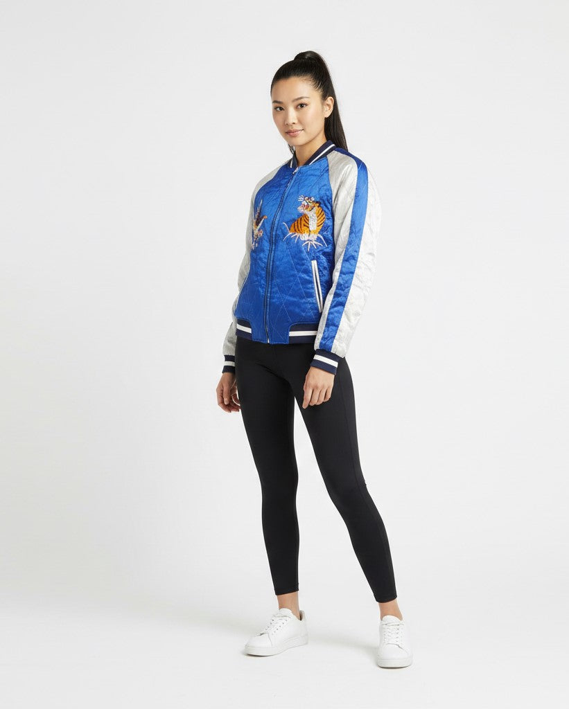 Topshop Women 6 10 XS Jacket Blue Black Shiny Japan Emroidered Double Sided Top