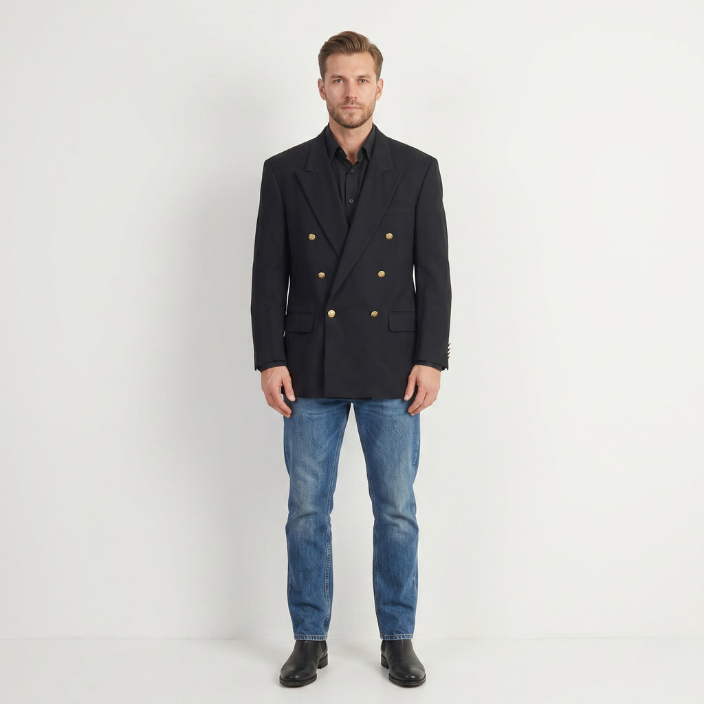Pierre Cardin Men 40 Blazer Navy Pure New Wool Vintage Double Breasted Jacket