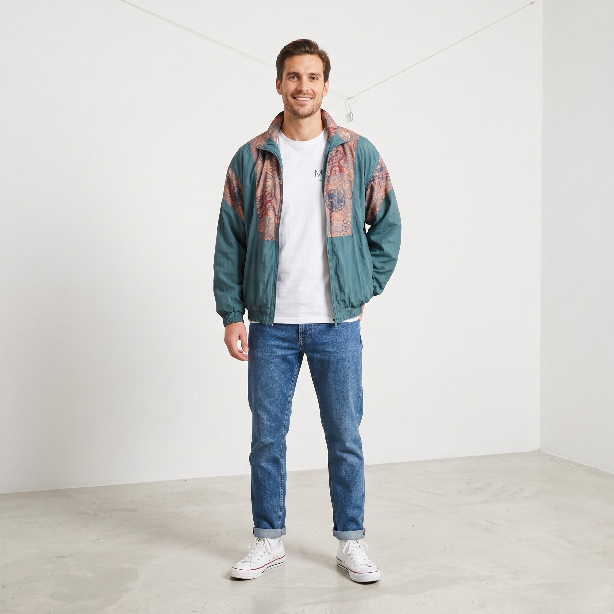 Etirel Men M Bomber Jacket Green Vintage Shiny Nylon Festival Full Zip Sport Top