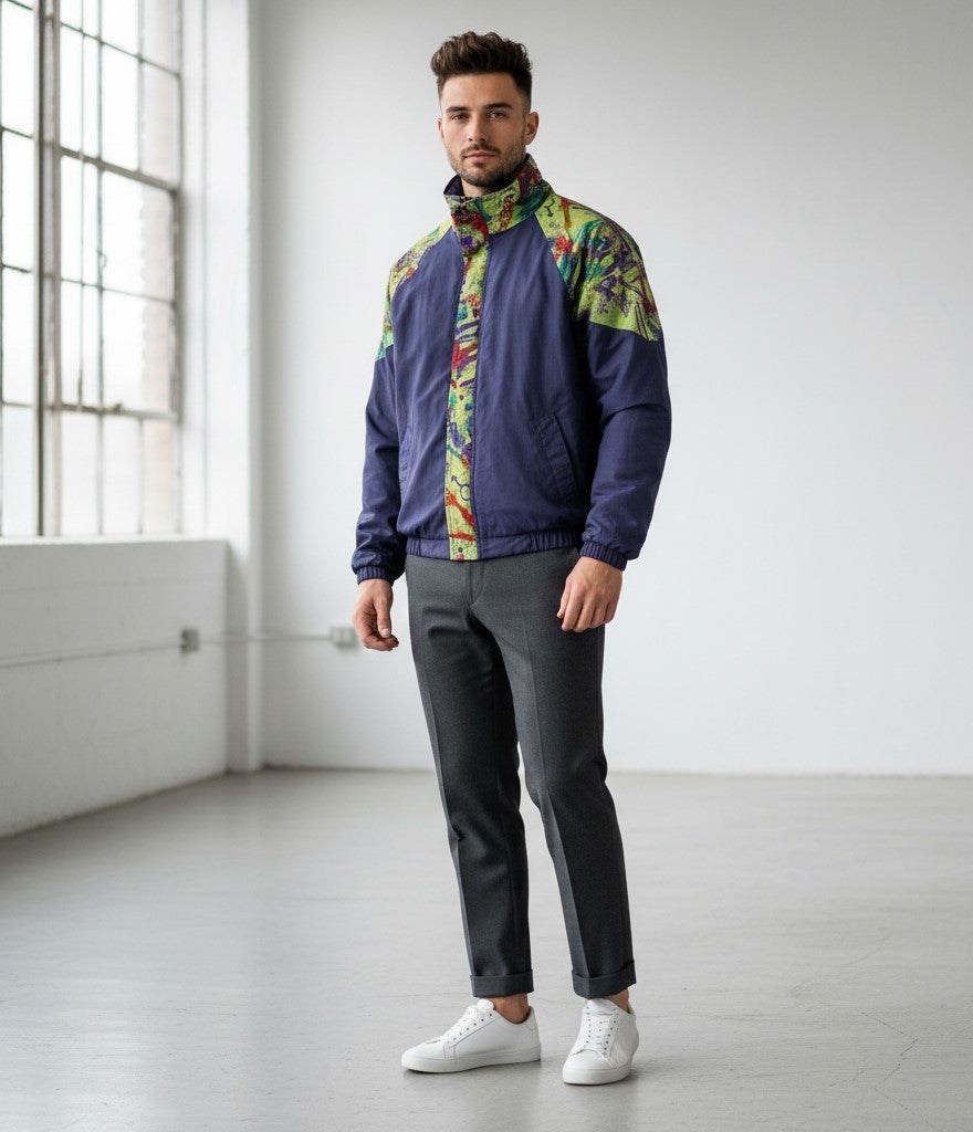 Vintage Men L Bomber Jacket Purple Full Zipper Padded Warm Retro Top