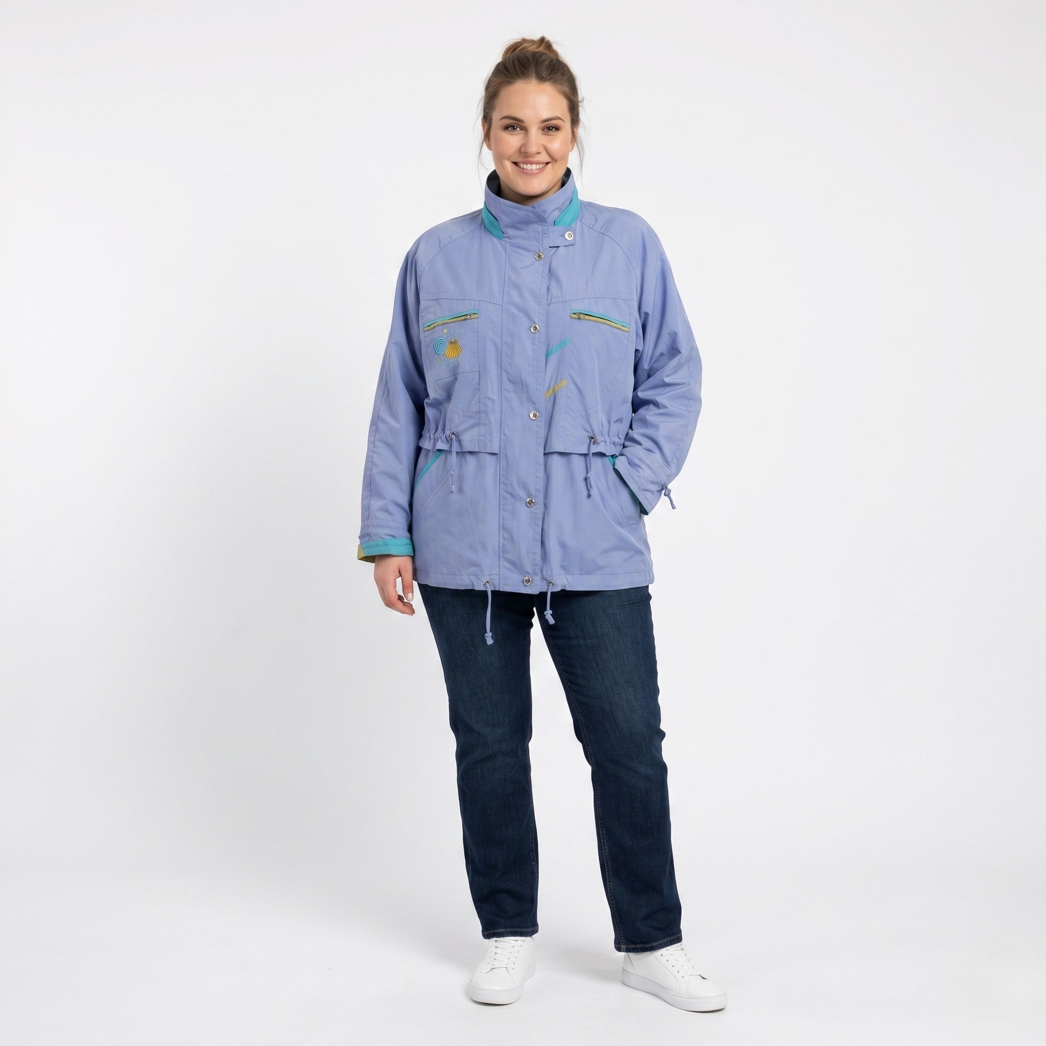 Gina S Women 16 44 XL Jacket Purple Shoulder Pads Full Zipper Pockets Vintage Summer By Top