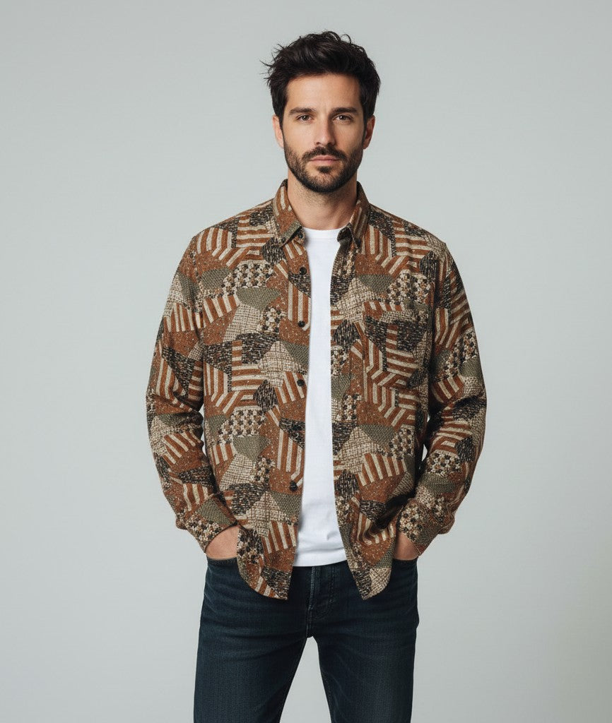 Avcan Club Men 1 M Casual Shirt Brown Viscose Soft Vintage Retro Long Sleeve Top