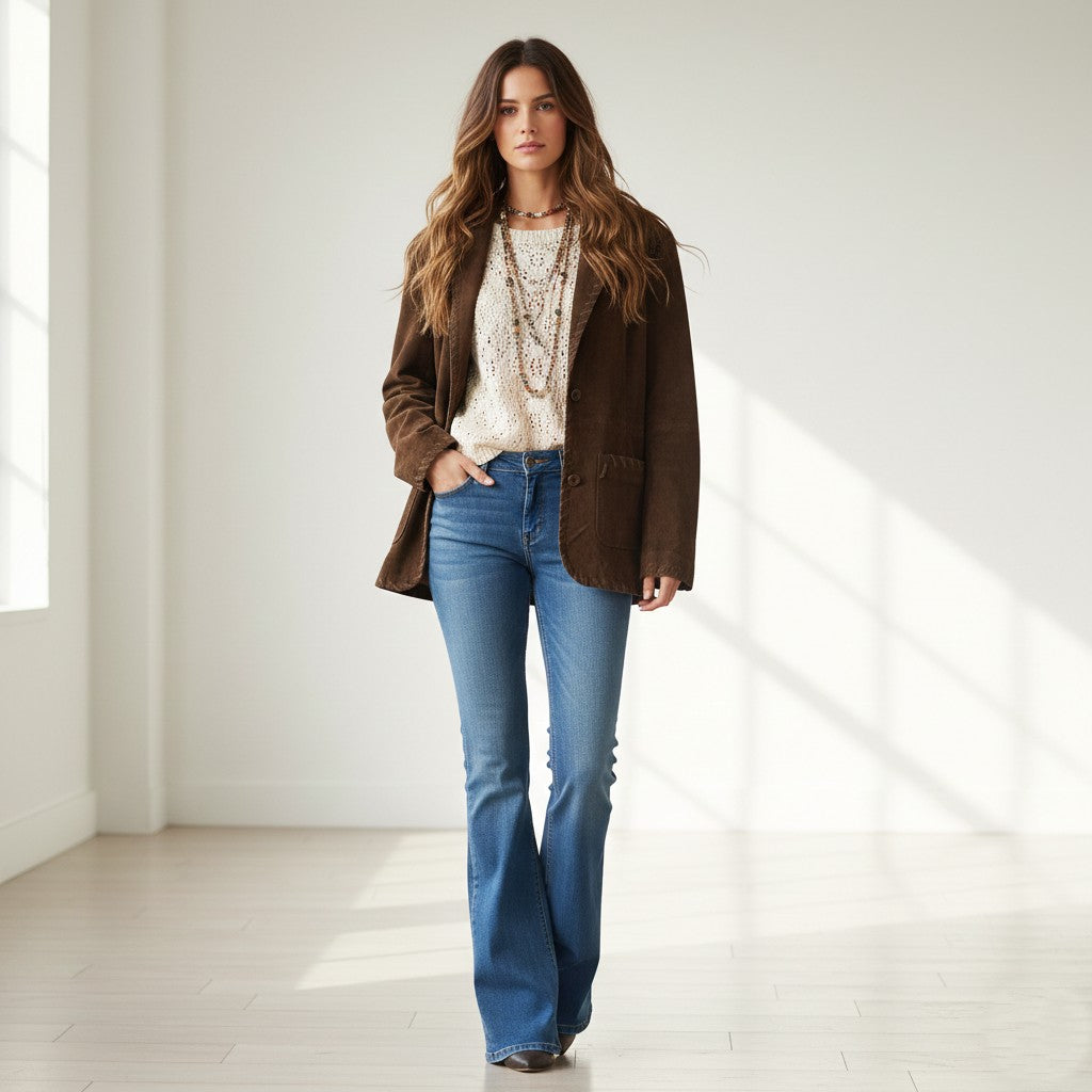 Saint Tropez Women L Blazer Leather Brown Collar Bottoms Vintage Jacket