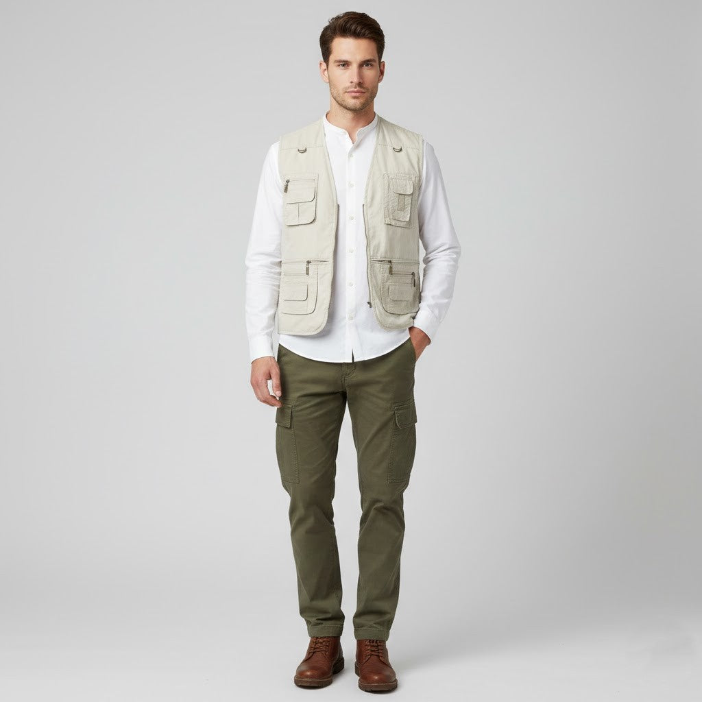 HD Sport & Classic Men L Waistcoat Beige 100% Cotton Multi Pocket Hunting Vest