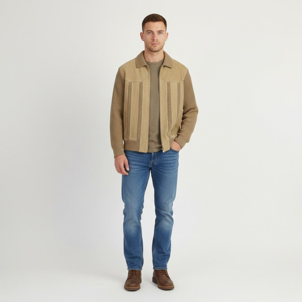 Vintage Men 46 S/M Jacket Beige Suede Leather Knitted Zip Up Retro Classic Korea Top