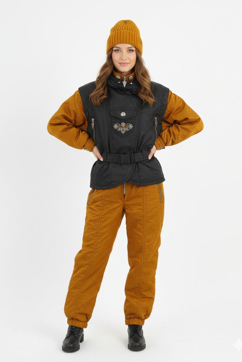 Alaska Snow Dancer Women 38 Ski Suit One Piece Black Gold Shiny Vintage Nylon Snowboarding Austria Skiwear