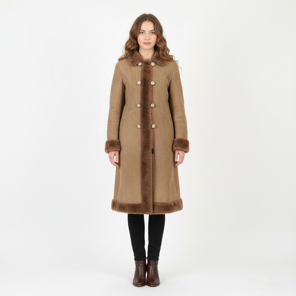 Vintage Women 44 S Coat Beige Leather Fur Collar Detailed Buttons Boho Warm Top