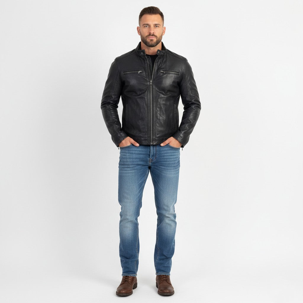 Milestone Men 58 3XL (XL) Jacket Black Leather Nappa Full Zipper Biker Pockets Top