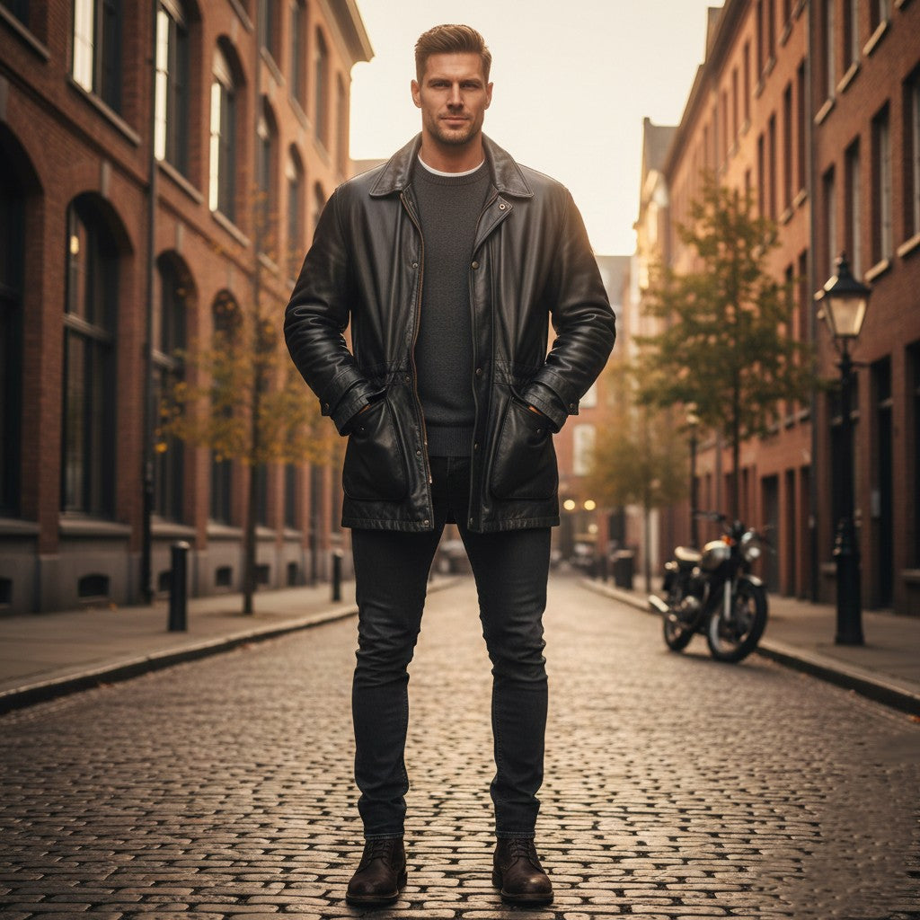 Prince Men 56 XL Leather Jacket Vintage Brown Long Shoulder Pads Classic Heavy Top