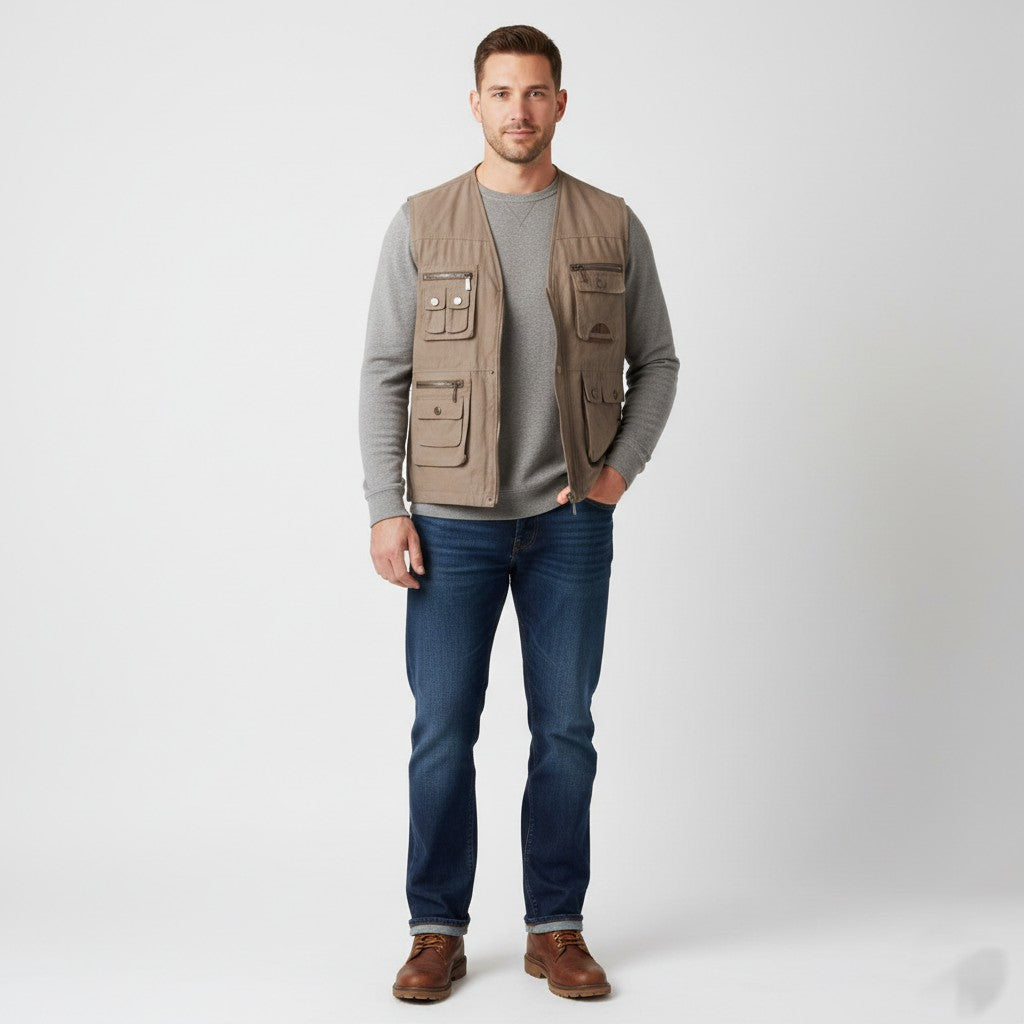 Mian Men XXL Waistcoat Khaki Hunting Fishing Outdoor Zip Up Multi Pockets Vest