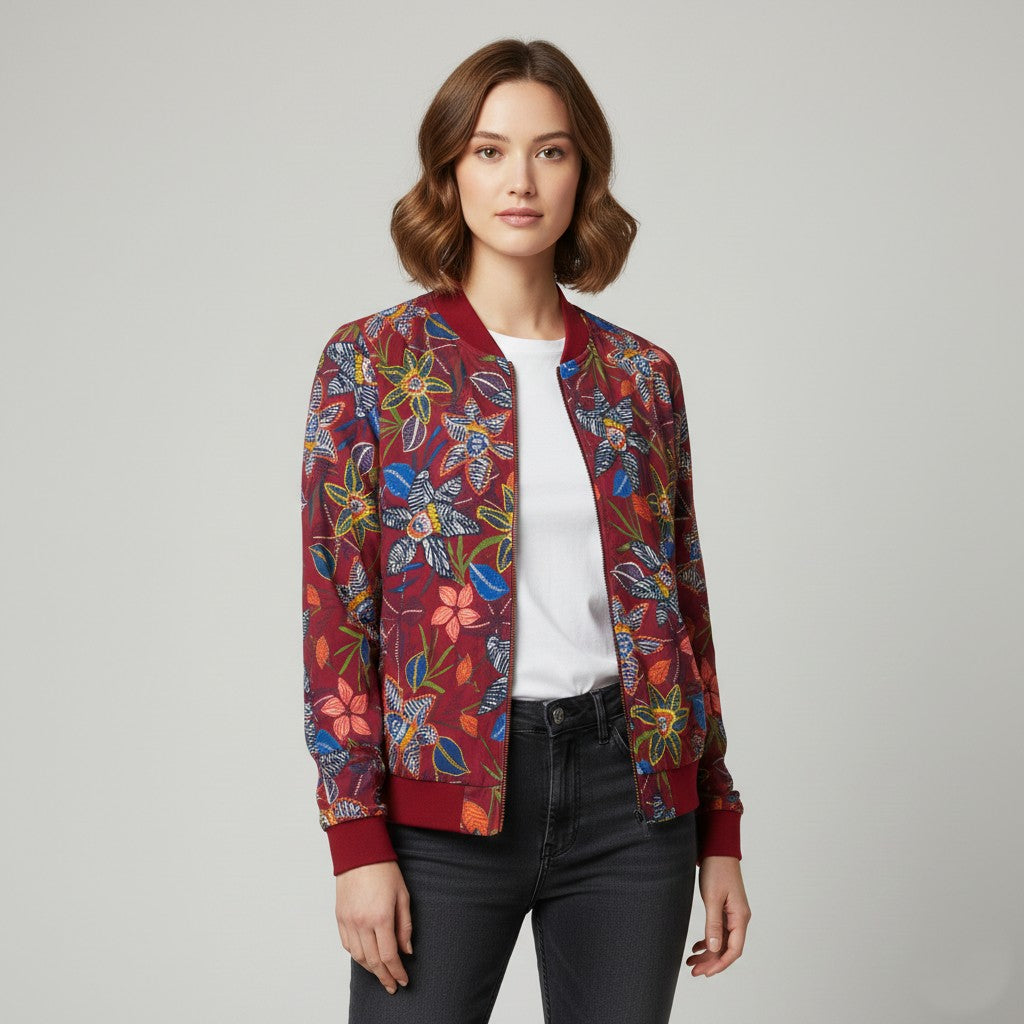 Colours of the world Women 14 42 M Bomber Jacket Maroon Floral Lightweight Top