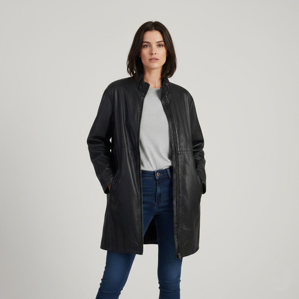 Julia S. Roma Women 42 L Jacket Vintage Black Leather Soft Long Zip Up Top