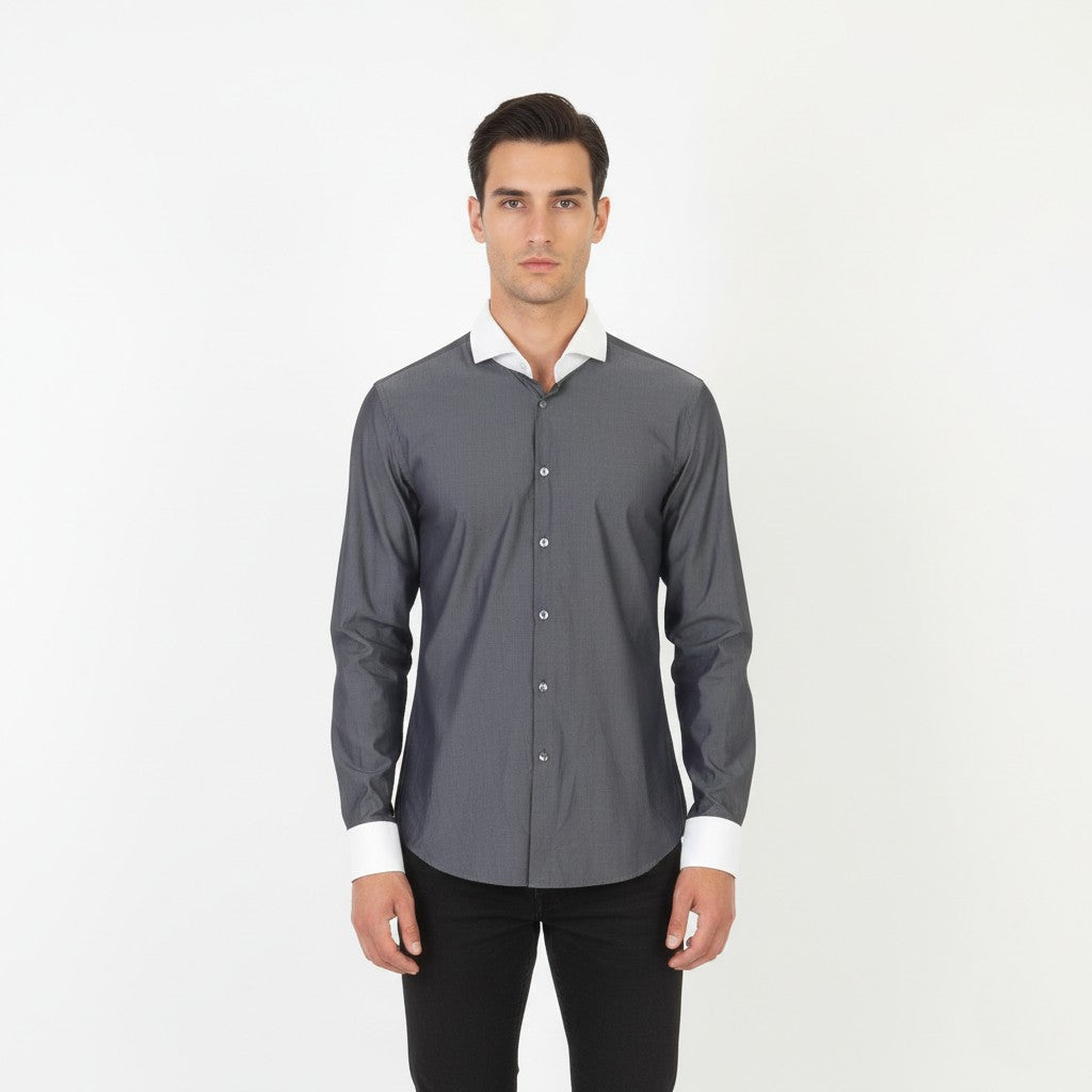 Hugo Boss Men 44 17.5 L Casual Shirt Gray Cotton Slim Fit Long Sleeve Elegant Top