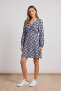 Ruby Belle Womens 10 M Mini Dress Flower Print Long Sleeve Navy V neck