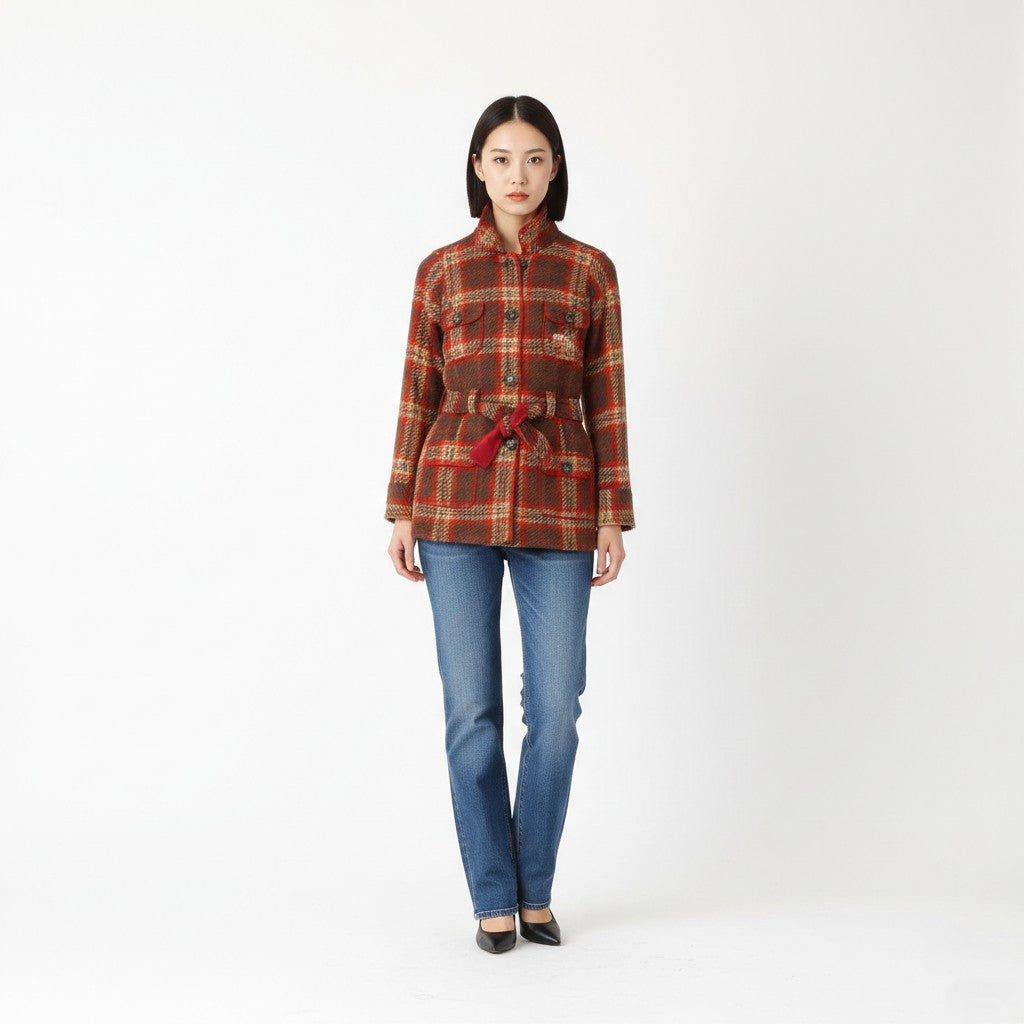 Tommy Hilfiger Women XS Jacket Multicolour Check Wool Single Breasted Belt Top