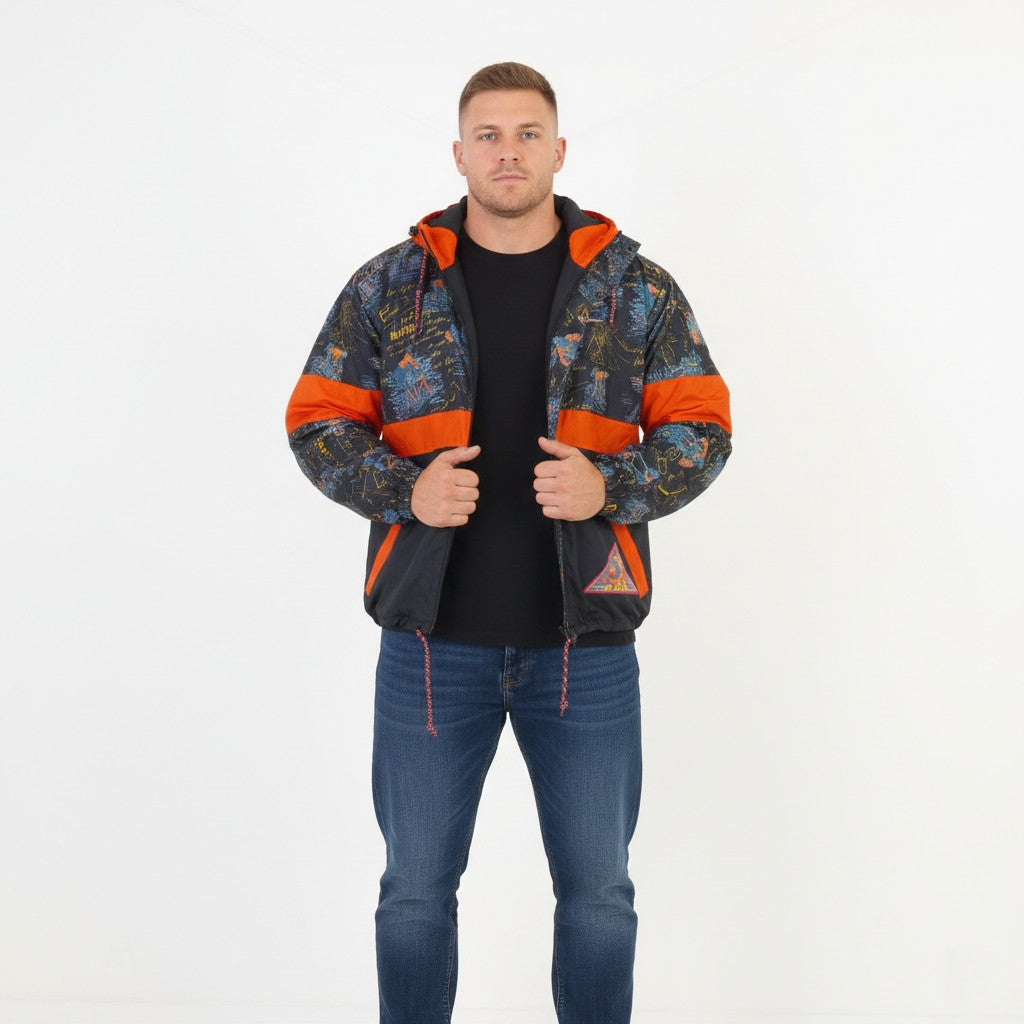 Jeantex Men 44/46 XXL Jacket Multicolor Vintage Bike Full Zipper Rectractable Hood Oversize Top