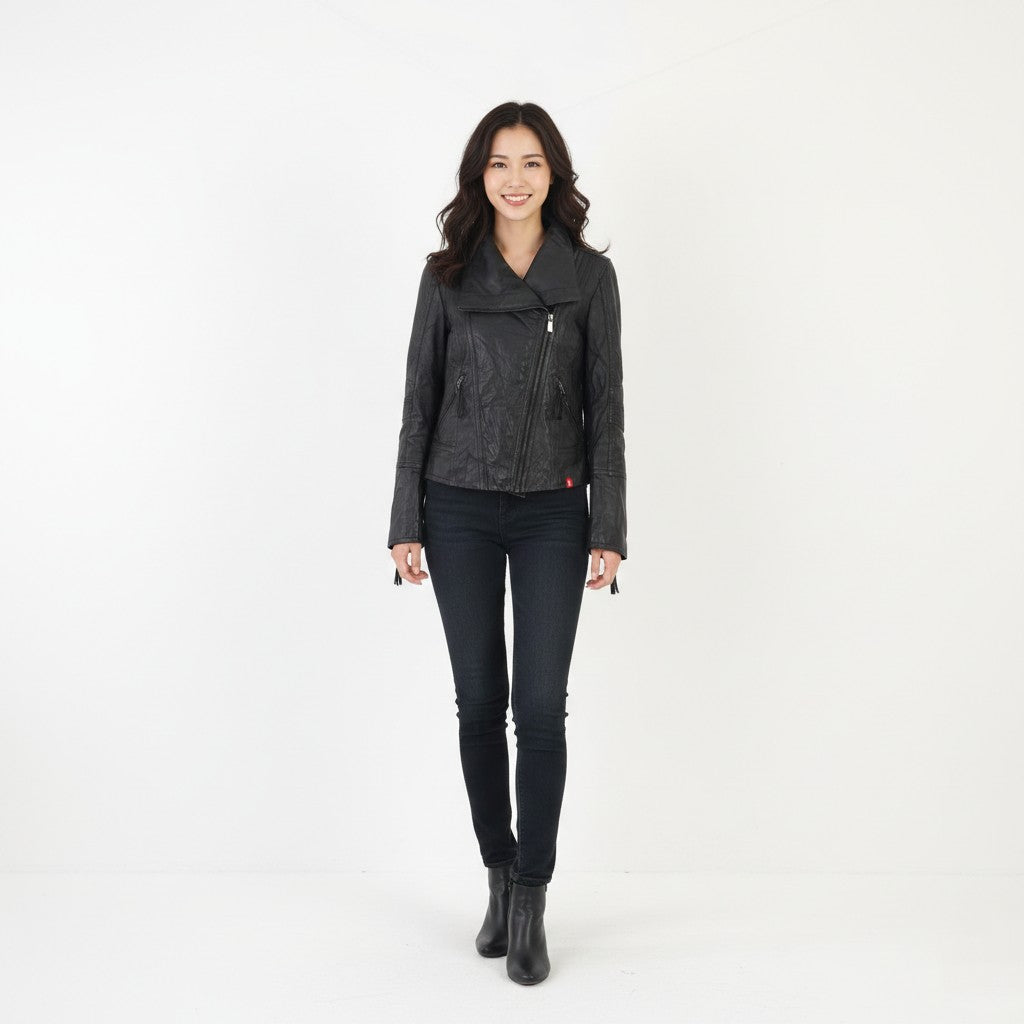 EDC Women S Jacket Black Sheep Leather Biker Soft Designed Ramons Zip Up Top