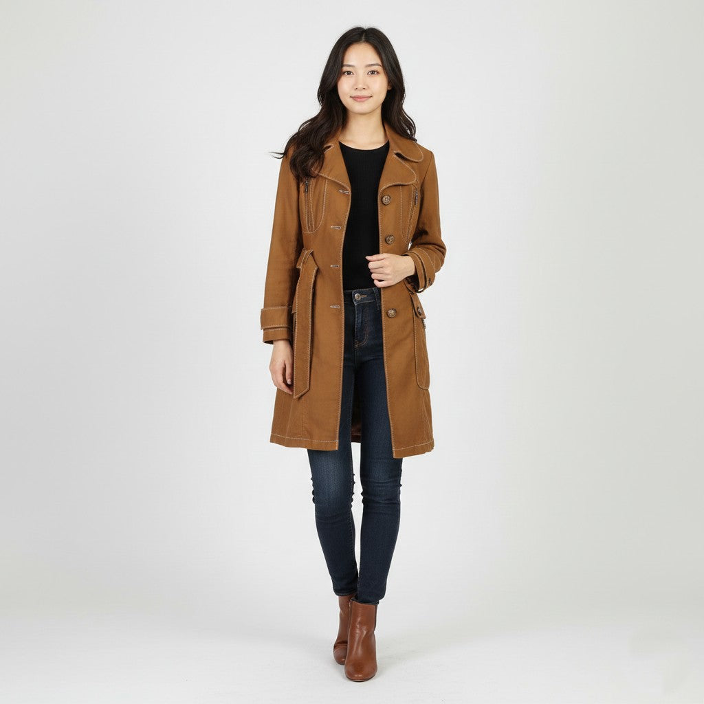 Nolita North Little Italy Women 42 S Coat Brown Cotton Trench Belted Multi Pocket Top