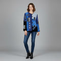 Indigo Moon Women M Jacket Blue Viscose Patchwork Emroidered Shoulder Pads Blazer