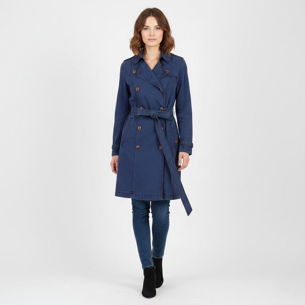 Camel Active Women 42 L Coat Navy Cotton Vintage Trench Belted Classic Top