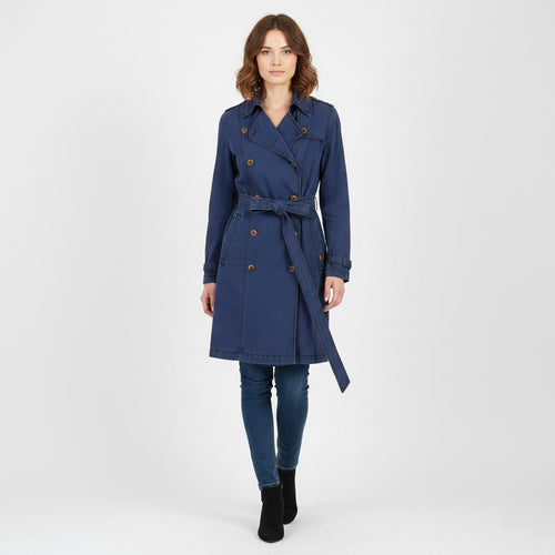 Camel Active Women 42 L Coat Navy Cotton Vintage Trench Belted Classic Top