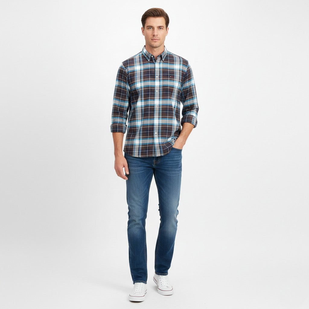 Tommy Hilfiger Men M Casual Shirt Navy Checkered Custom Fit Long Sleeve Cotton Top