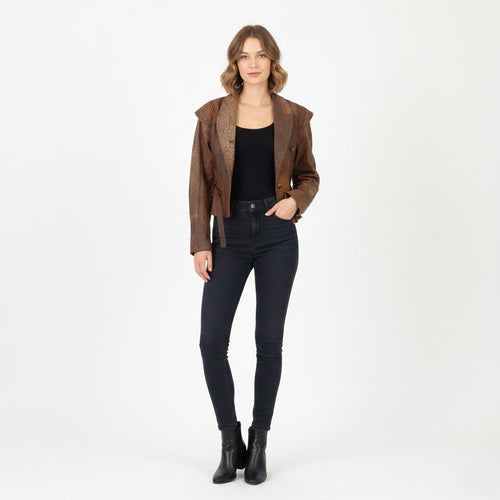 C&A Women 38 S Leather Jacket Brown Vintage 90s Leder Cropped Biker Top