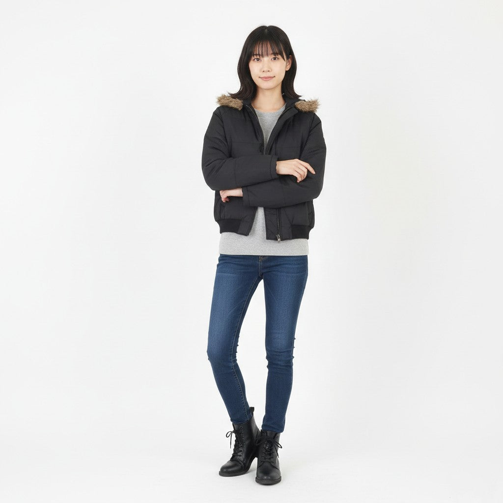 Diesel Women M Jacket Black Nylon Hooded Cropped Zip Up Padded Bomber Top